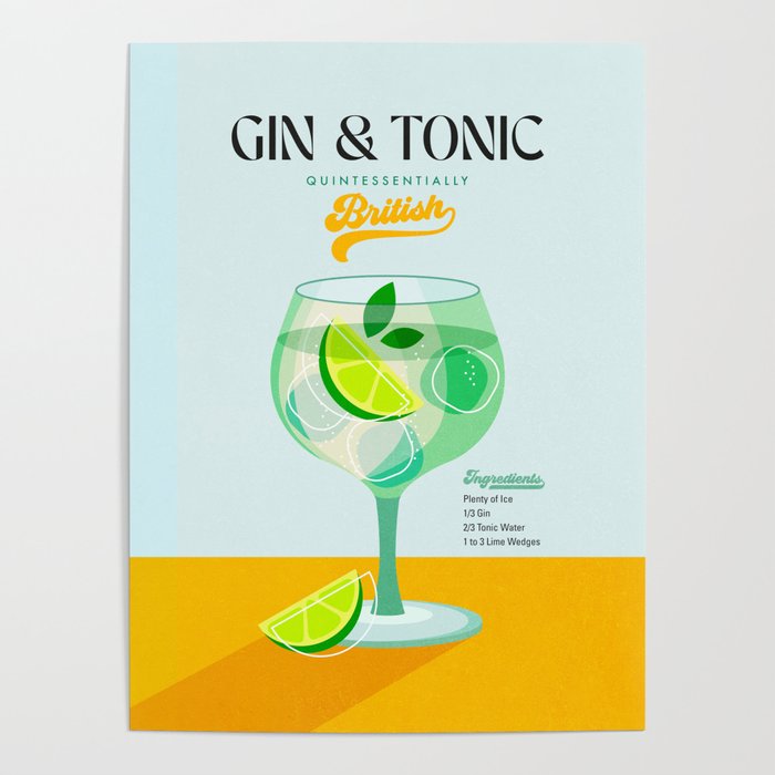 Minimal Gin Tonic cocktail illustration - Aqua Orange Poster Gallery Image 1