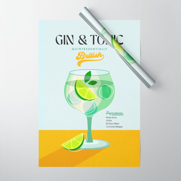 Minimal Gin Tonic cocktail illustration - Aqua Orange Wrapping Paper Gallery Image 1