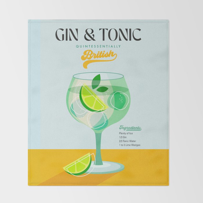 Minimal Gin Tonic cocktail illustration - Aqua Orange Throw Blanket Gallery Image 2