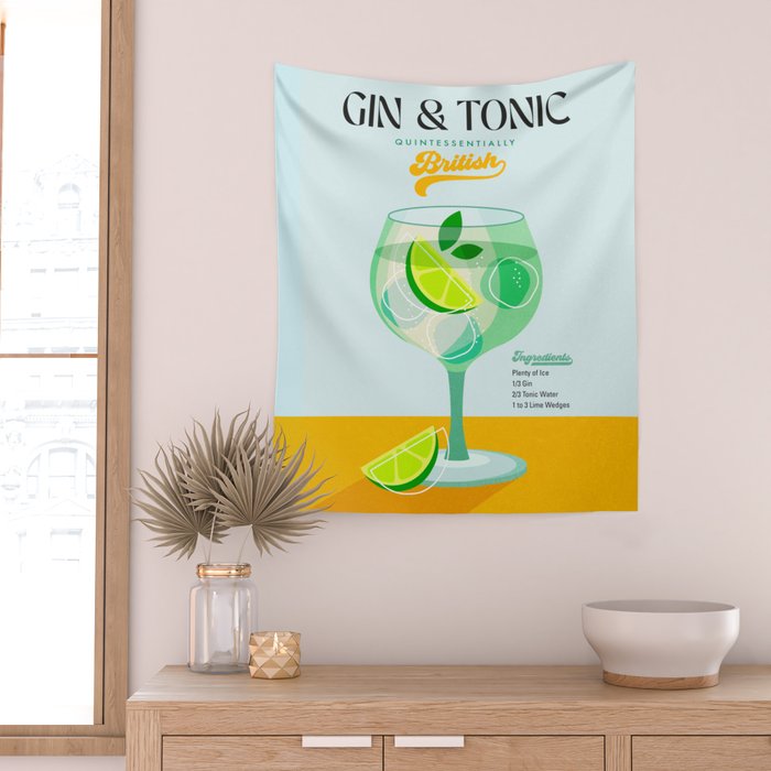 Minimal Gin Tonic cocktail illustration - Aqua Orange Wall Tapestry Gallery Image 2