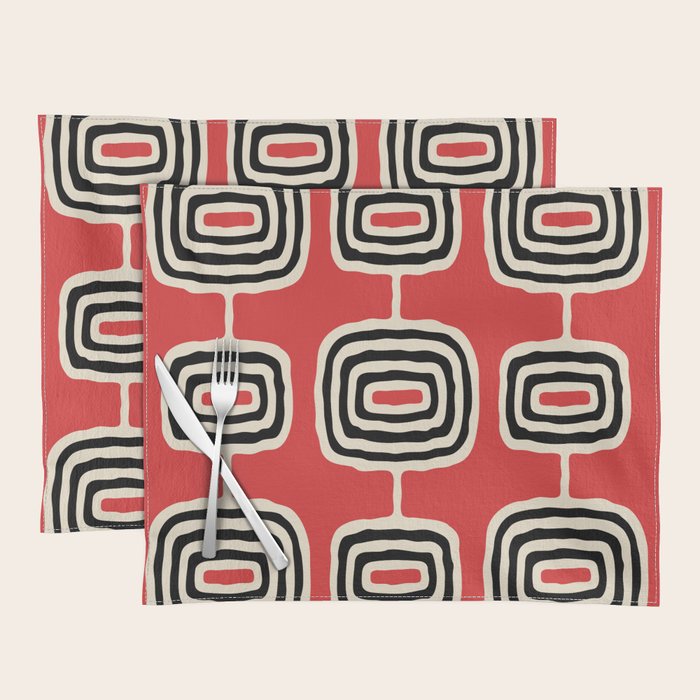 Mid Century Modern Atomic Rings Pattern 222 Black Beige and Red Placemat Gallery Image 1