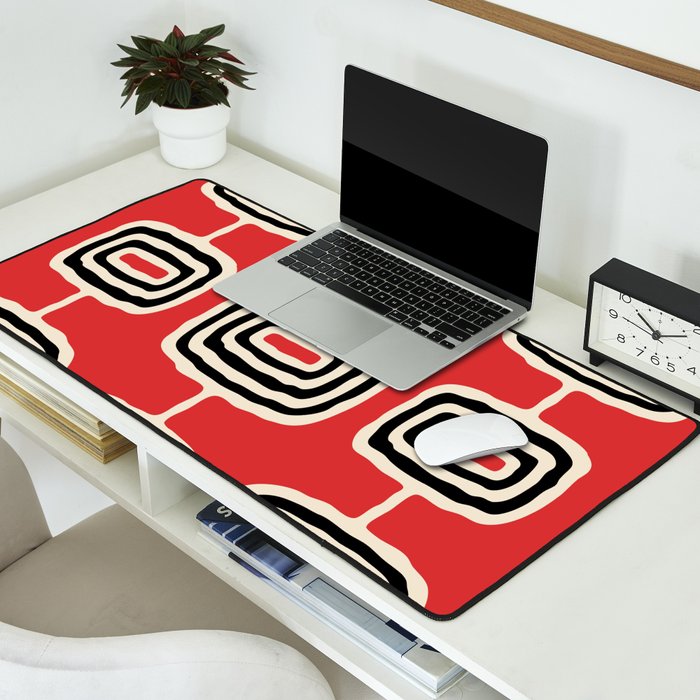 Mid Century Modern Atomic Rings Pattern 222 Black Beige and Red Desk Mat Gallery Image 2