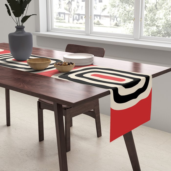Mid Century Modern Atomic Rings Pattern 222 Black Beige and Red Table Runner Gallery Image 2