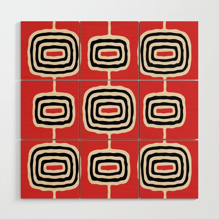 Mid Century Modern Atomic Rings Pattern 222 Black Beige and Red Wood Wall Art Gallery Image 1