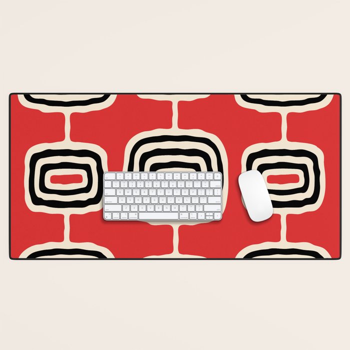 Mid Century Modern Atomic Rings Pattern 222 Black Beige and Red Desk Mat Gallery Image 1