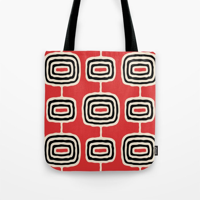 Mid Century Modern Atomic Rings Pattern 222 Black Beige and Red Tote Bag Gallery Image 1