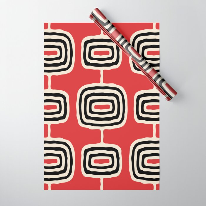 Mid Century Modern Atomic Rings Pattern 222 Black Beige and Red Wrapping Paper Gallery Image 1
