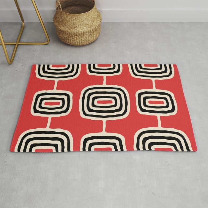 Mid Century Modern Atomic Rings Pattern 222 Black Beige and Red Rug Gallery Image 1