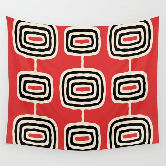 Mid Century Modern Atomic Rings Pattern 222 Black Beige and Red Wall Tapestry Gallery Image 4