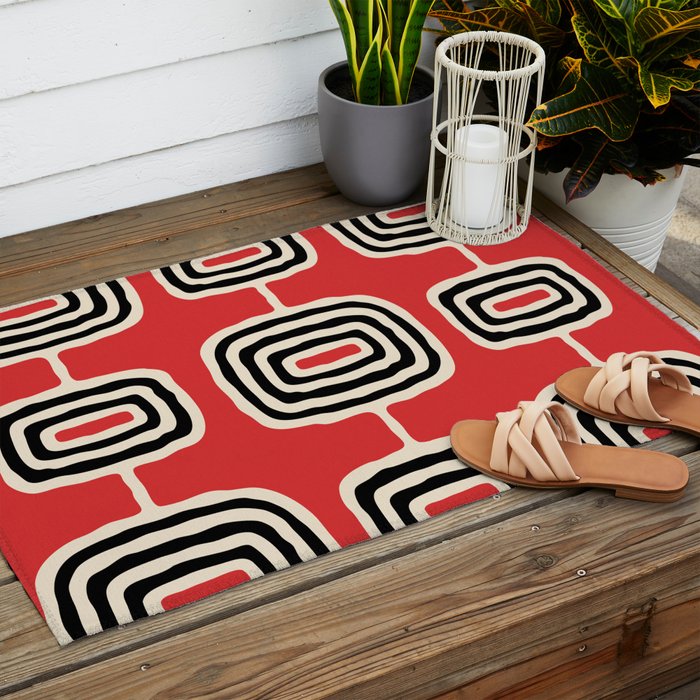 Mid Century Modern Atomic Rings Pattern 222 Black Beige and Red Outdoor Rug Gallery Image 2