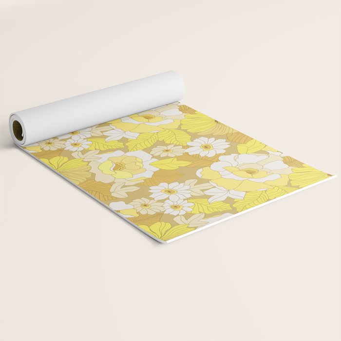 Yellow, Ivory and Brown Retro Flowers Yoga Mat Gallery Image 2