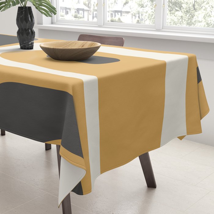 Mid Century Modern Piquet Pattern Mustard Gold Charcoal Gray Cream Tablecloth Gallery Image 3