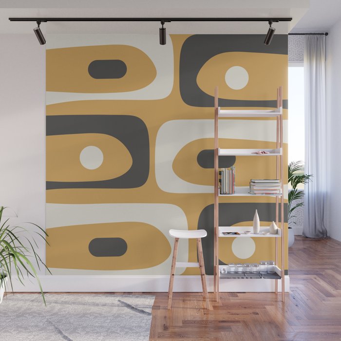 Mid Century Modern Piquet Pattern Mustard Gold Charcoal Gray Cream Wall Mural Gallery Image 1