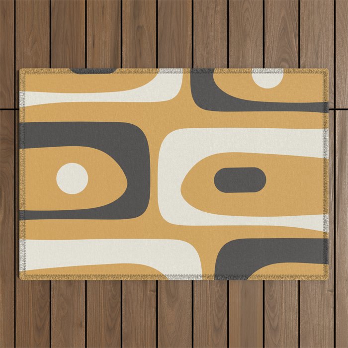 Mid Century Modern Piquet Pattern Mustard Gold Charcoal Gray Cream Outdoor Rug Gallery Image 1