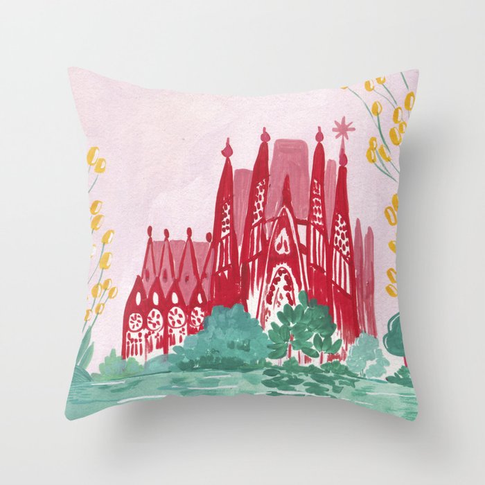 Sagrada familia- Landscape hand-painted Illustration Throw Pillow Gallery Image 1