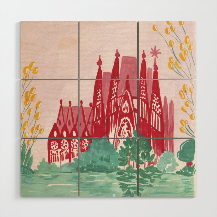 Sagrada familia- Landscape hand-painted Illustration Wood Wall Art Gallery Image 1