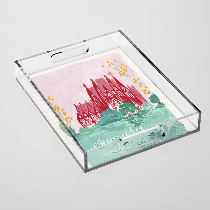 Sagrada familia- Landscape hand-painted Illustration Acrylic Tray Gallery Image 1