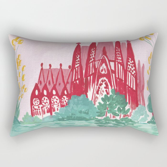 Sagrada familia- Landscape hand-painted Illustration Rectangular Pillow Gallery Image 1