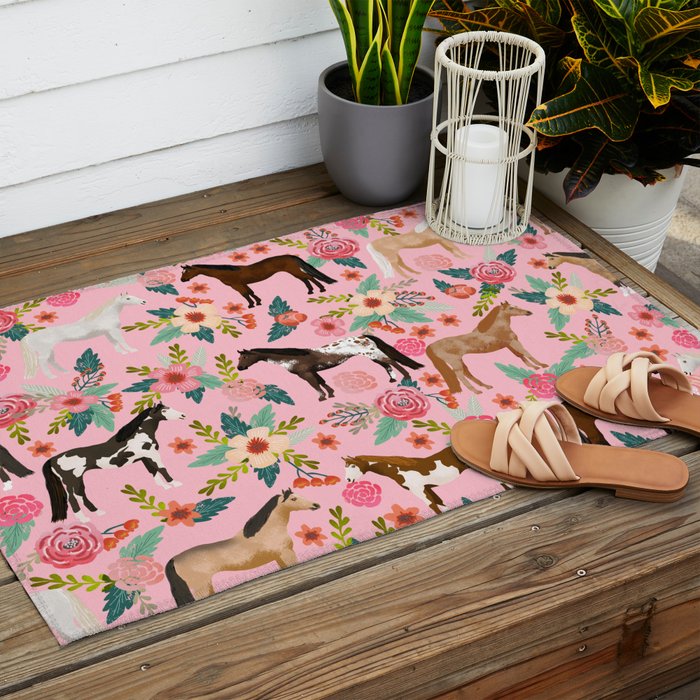 Horses floral horse breeds farm animal pets Outdoor Rug Gallery Image 2