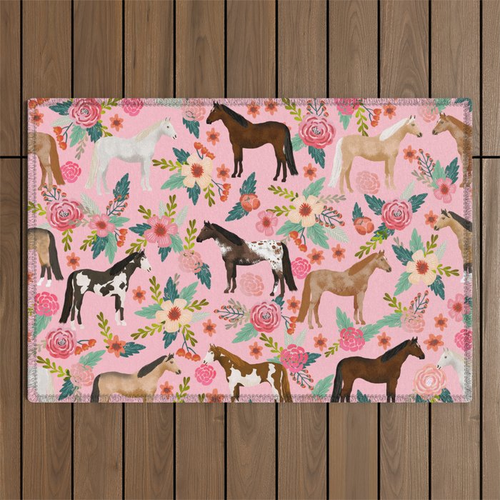Horses floral horse breeds farm animal pets Outdoor Rug Gallery Image 1