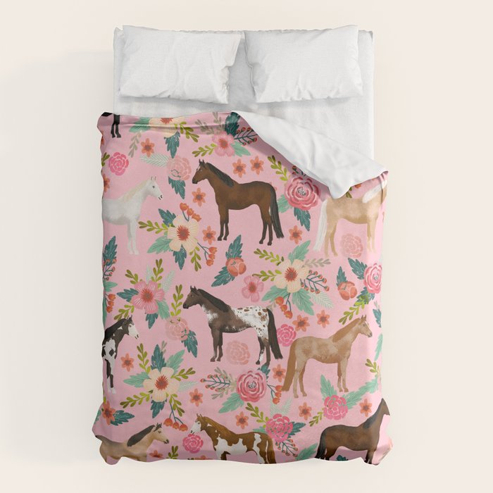 Horses floral horse breeds farm animal pets Duvet Cover