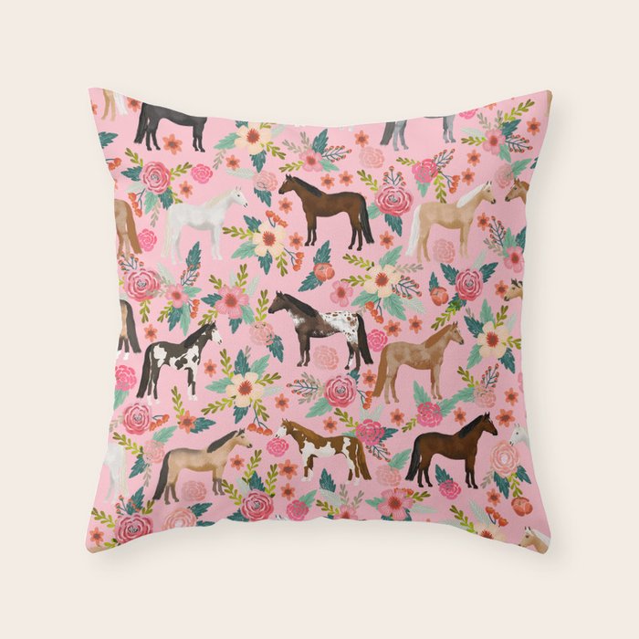 Horses floral horse breeds farm animal pets Throw Pillow Gallery Image 1