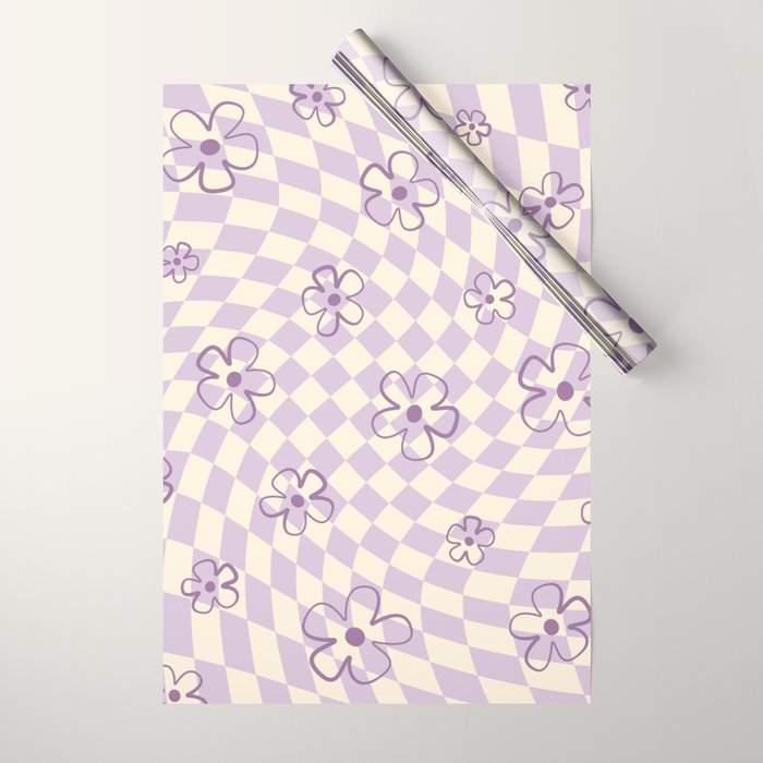 Purple Checker Flower Swirl Warp Wrapping Paper Gallery Image 1