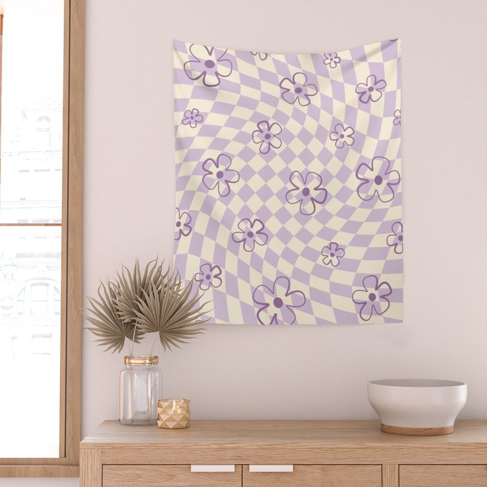 Purple Checker Flower Swirl Warp Wall Tapestry Gallery Image 2