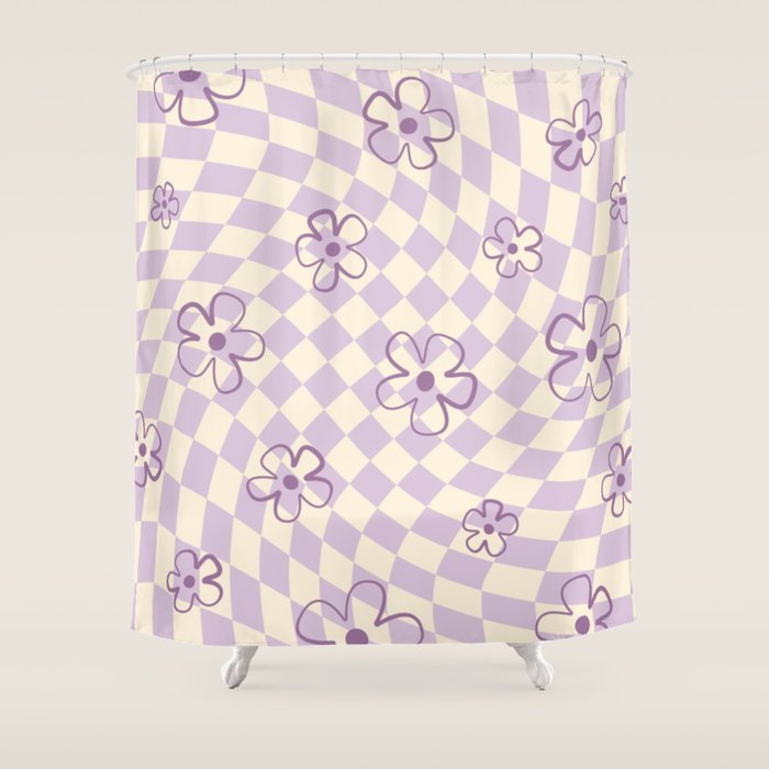 Purple Checker Flower Swirl Warp Shower Curtain Gallery Image 1