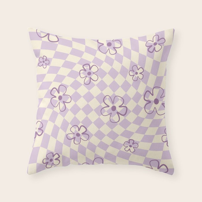 Purple Checker Flower Swirl Warp Throw Pillow Gallery Image 1