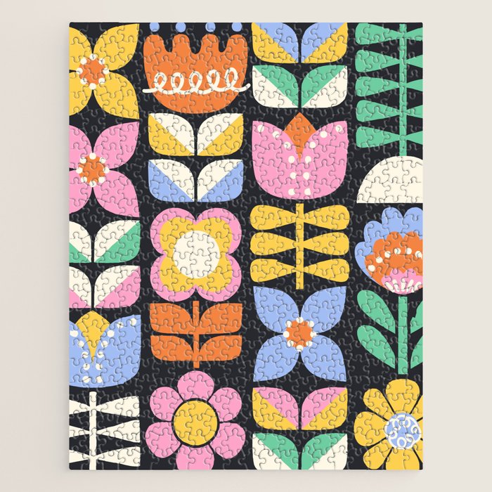 Retro Folk & Floral Colorful Pastel Flower Grid Black Jigsaw Puzzle Gallery Image 1