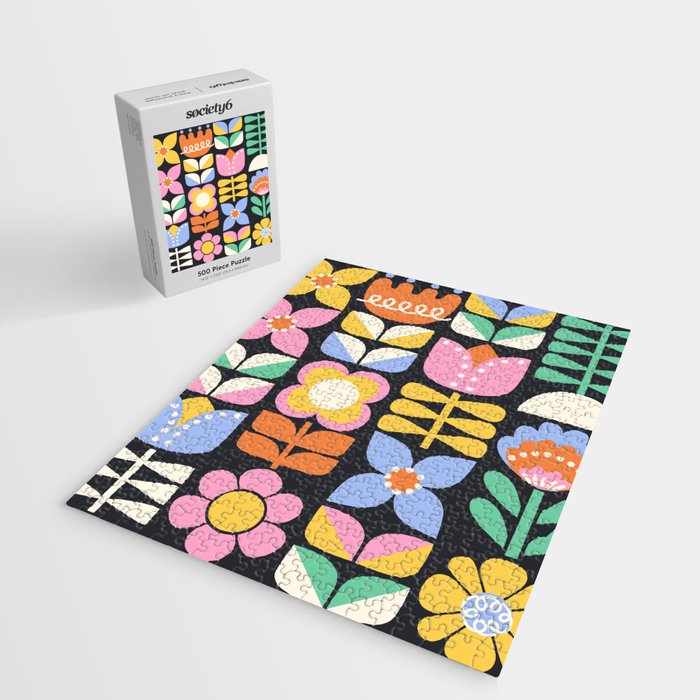 Retro Folk & Floral Colorful Pastel Flower Grid Black Jigsaw Puzzle Gallery Image 2