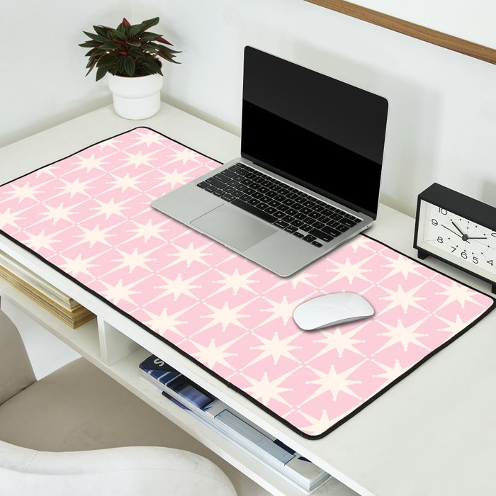 Midcentury Modern Atomic Starburst Pattern Baby Pink and Cream  Desk Mat Gallery Image 2