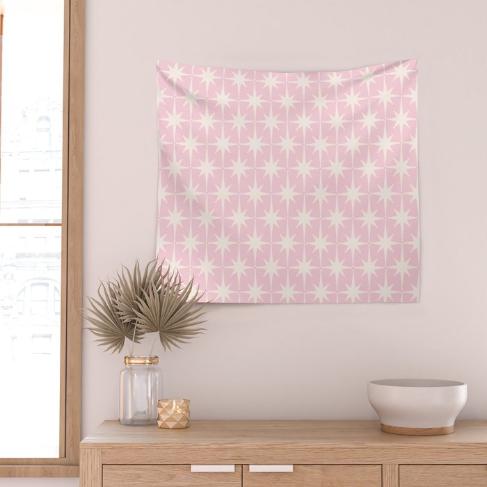 Midcentury Modern Atomic Starburst Pattern Baby Pink and Cream  Wall Tapestry Gallery Image 2