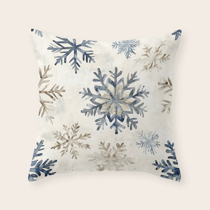 Blue Beige Winter Snowflakes Watercolor Illustration Throw Pillow Gallery Image 6