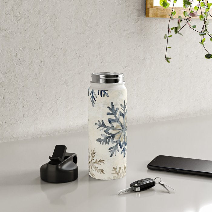 Blue Beige Winter Snowflakes Watercolor Illustration Water Bottle Gallery Image 4