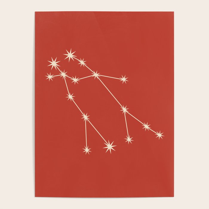 Gemini Zodiac Star Constellation Line Art Red Poster Gallery Image 1