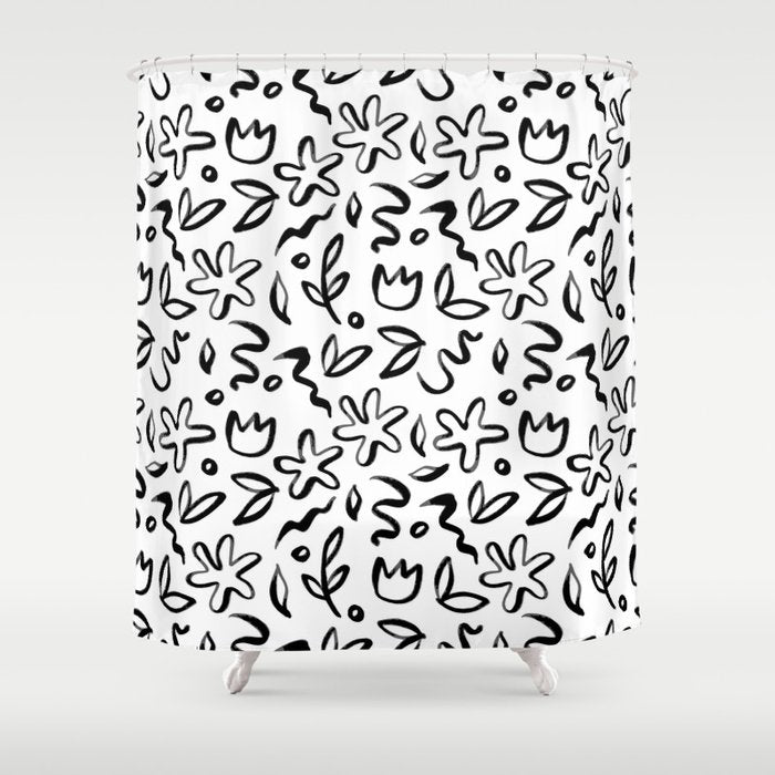 Black and white floral nature art doodle pattern Shower Curtain Gallery Image 1