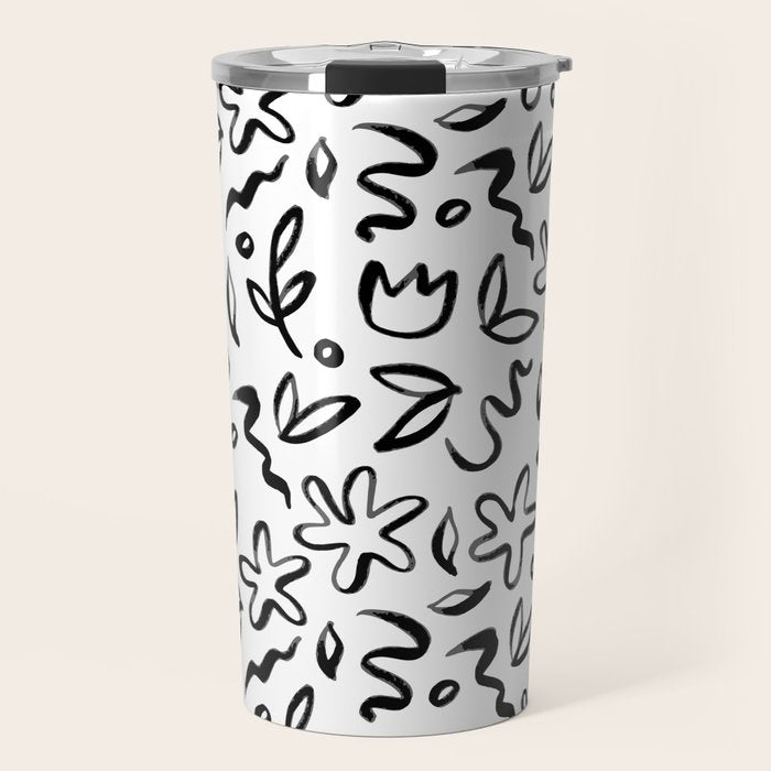 Black and white floral nature art doodle pattern Travel Mug Gallery Image 1