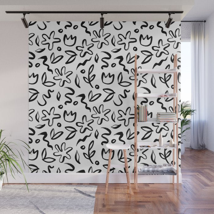 Black and white floral nature art doodle pattern Wall Mural Gallery Image 1