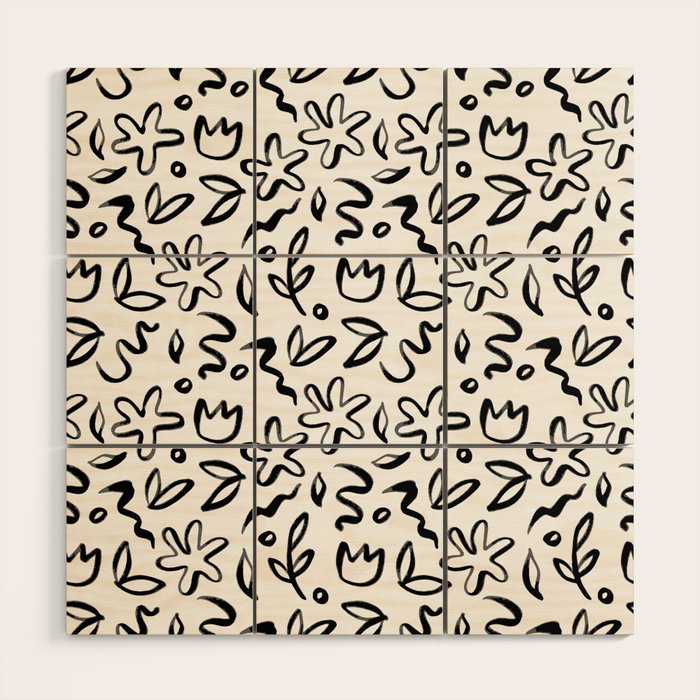 Black and white floral nature art doodle pattern Wood Wall Art Gallery Image 1