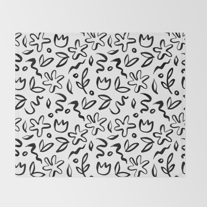 Black and white floral nature art doodle pattern Throw Blanket Gallery Image 2