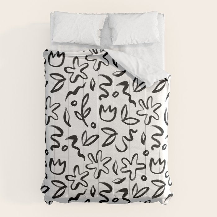 Black and white floral nature art doodle pattern Comforter Gallery Image 6