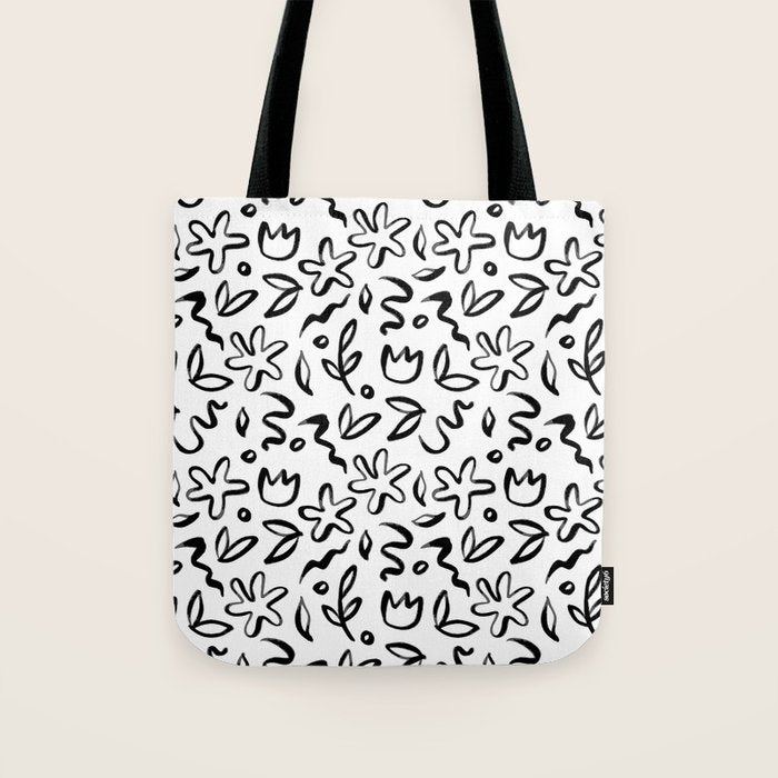Black and white floral nature art doodle pattern Tote Bag Gallery Image 1