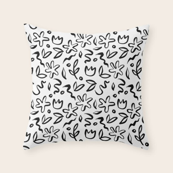 Black and white floral nature art doodle pattern Throw Pillow Gallery Image 6