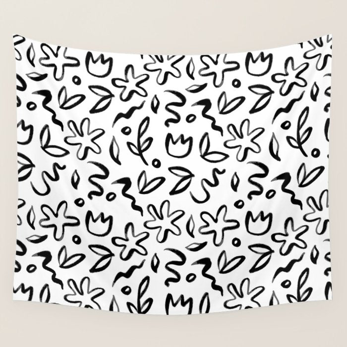 Black and white floral nature art doodle pattern Wall Tapestry Gallery Image 1