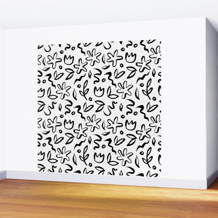 Black and white floral nature art doodle pattern Wall Mural Gallery Image 2