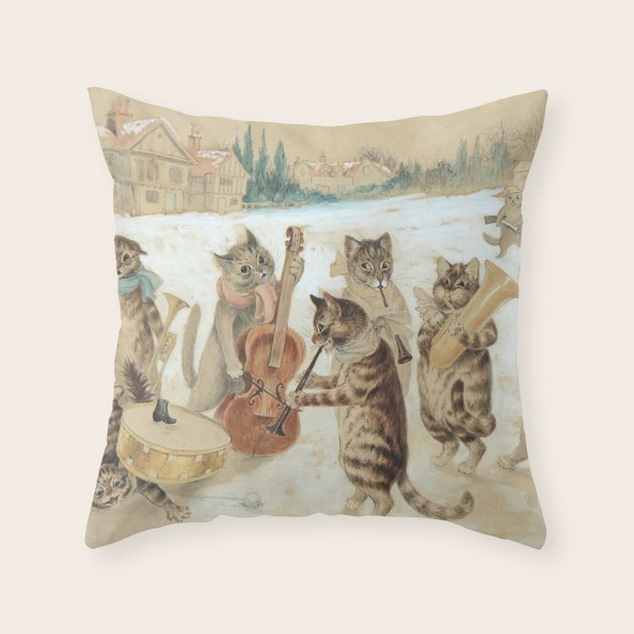 'Carol Singing Cats' Funny Vintage Christmas Louis Wain Throw Pillow Gallery Image 1