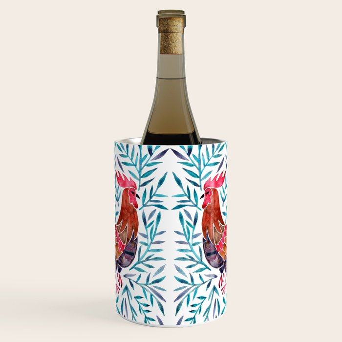 Le Coq - Watercolor Rooster with Turquoise Leaves Wine Chiller Gallery Image 1