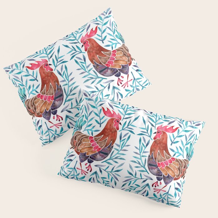 Le Coq - Watercolor Rooster with Turquoise Leaves Pillow Sham Gallery Image 3